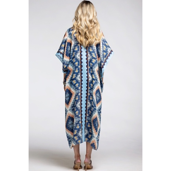 Blue Navy Multi Long Open Front Aztec Tribal Pattern Kimono Wrap Coverup Top - Picture 3 of 3